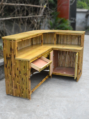 Cabana Party Bamboo Tropical Tiki Bar 220x160cm พร้อมสตูลชั้นวางของใต้ตู้