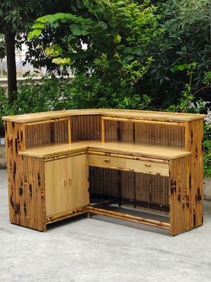 Cabana Party Bamboo Tropical Tiki Bar 220x160cm พร้อมสตูลชั้นวางของใต้ตู้